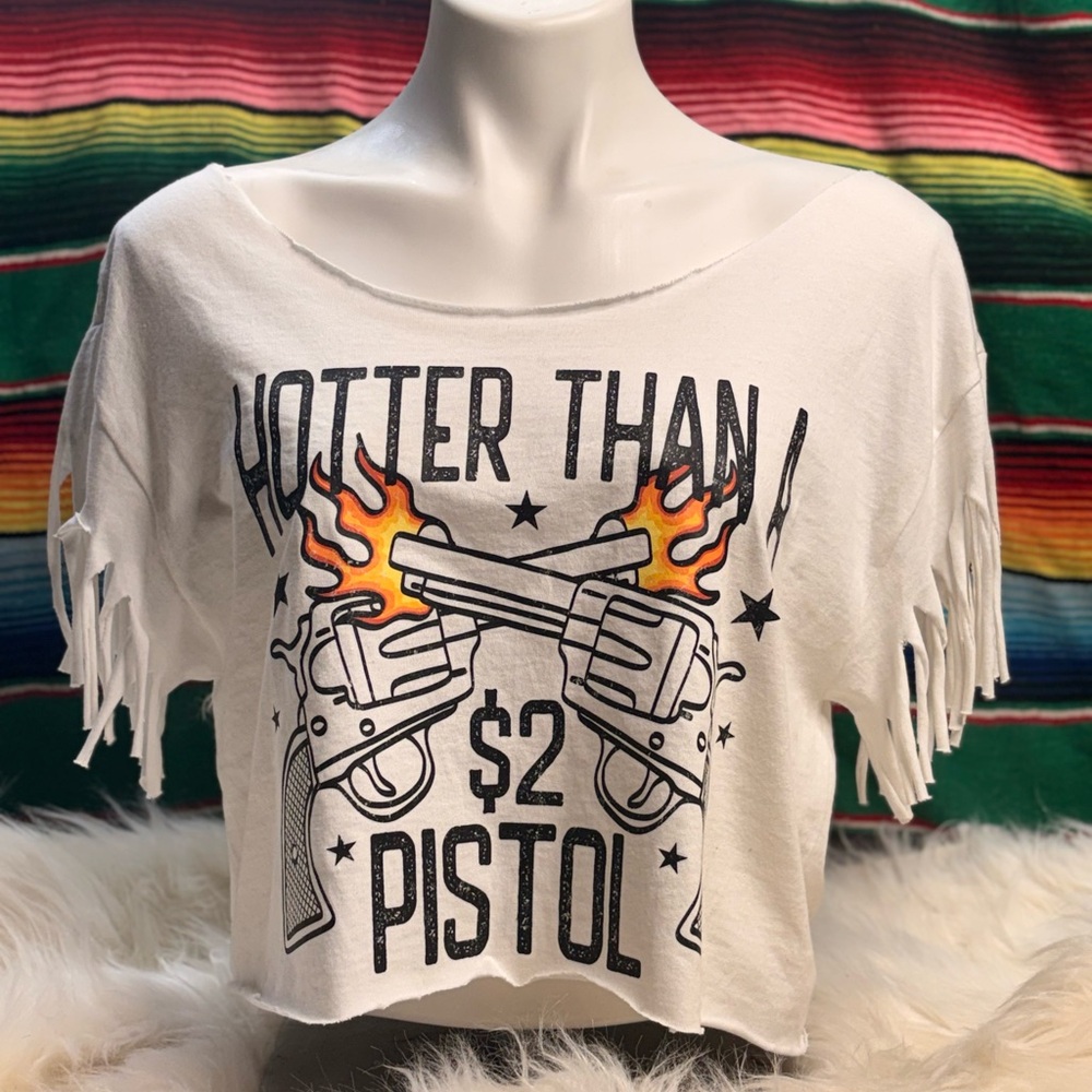 White Fringe Crop Top with Graphic Design